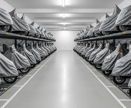 Two-wheeler parking space with bikes securely stored in a clean, covered area