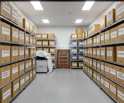 Business shifting space with clearly marked boxes and office supplies for easy access